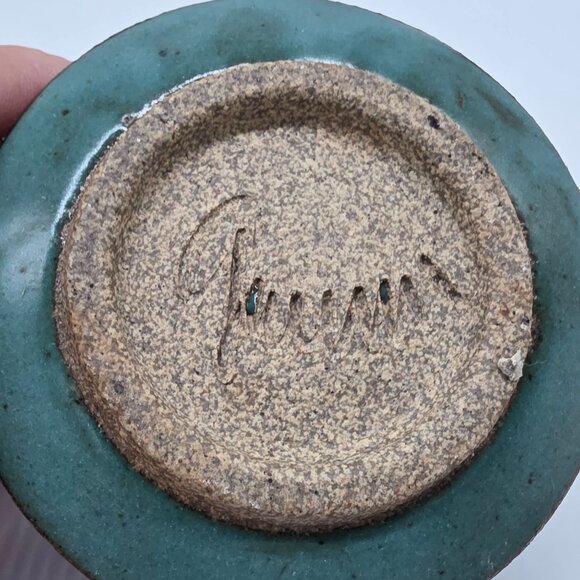 Handmade Green & Brown Ceramic Vase Pot With Textured Floral Design Signed - Picture 2 of 9